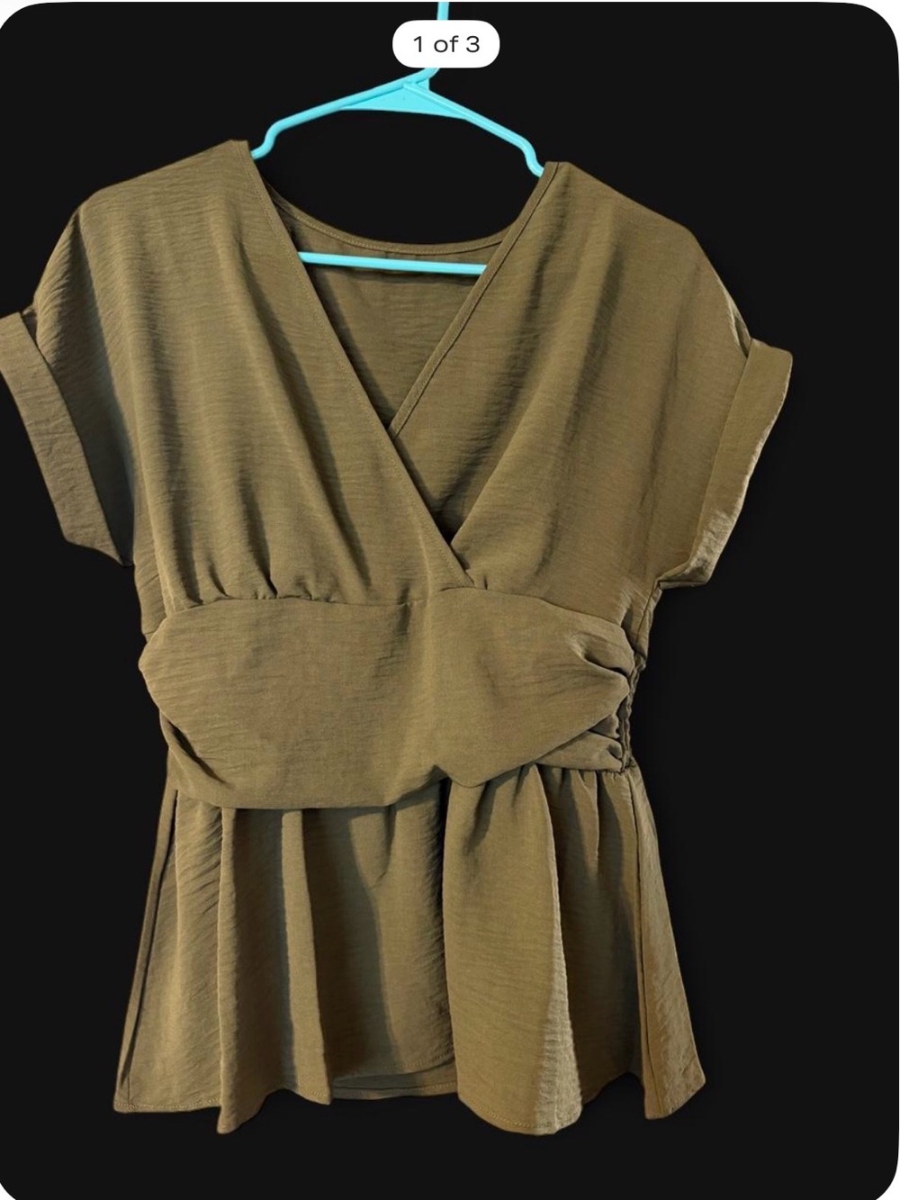 Olive Green V-Neck Wrap Waist Peplum Blouse
